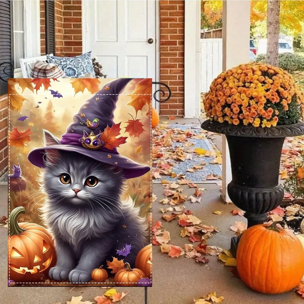 Garden Flag, 12”x18”, Halloween Witch Cat, Burlap Polyester Doublesided